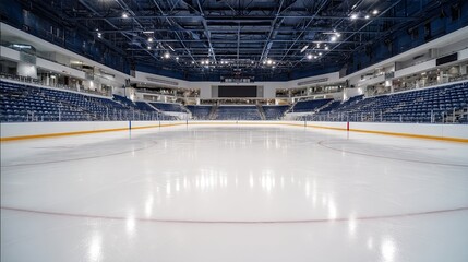 Naklejka premium Wide angle view of an empty hockey stadium with clean white ice rink reflecting arena lights under natural ambient lighting