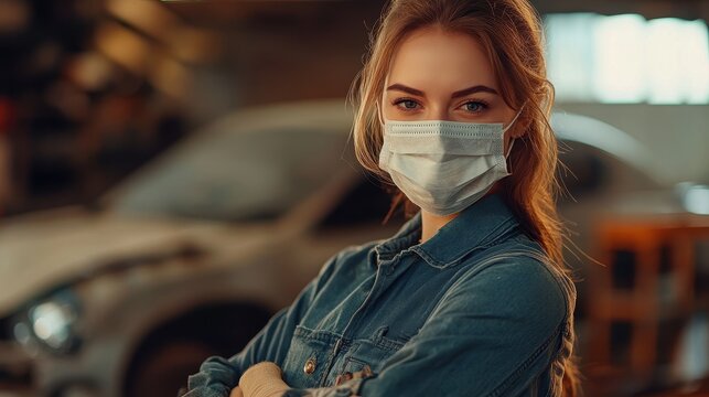Mechanic With Mask. Beautiful Woman Car Mechanic Concentrates on Auto Engine Repair for Client Satisfaction