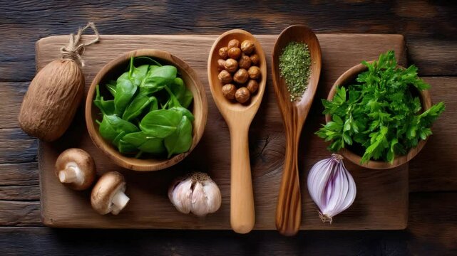 A Culinary Palette: An artistic arrangement of fresh, organic ingredients, inviting a symphony of flavors to the forefront of the table. A visual representation of culinary art.
