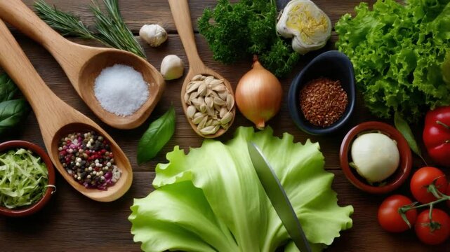 Culinary Palette: An enticing tableau of fresh, vibrant ingredients artfully arranged on a rustic wooden surface, heralding the joy of cooking and the bounty of nature's offerings.