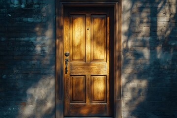 The wooden door of an old house under the sunshine