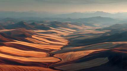 Vast undulating landscape under a soft sunset glow.