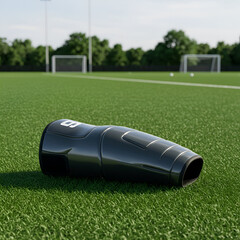 Modern Black Protective Leg Guard on a Soccer Field