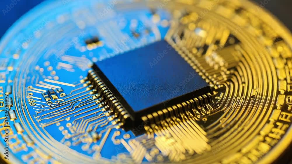 Poster close up view of microchip gold circuit board representing decentralized finance concept with advanc