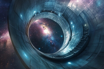 Futuristic spiral staircase floating in deep space
