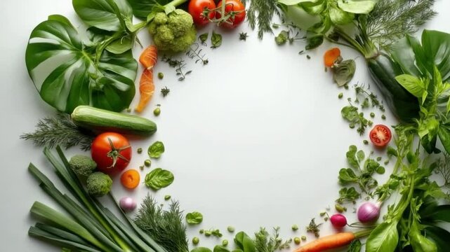 Vegetable Medley: An appealing and nutritious circular frame composed of fresh, vibrant vegetables and herbs, ideal for culinary projects.