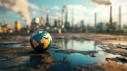Small globe sits on polluted ground with an industrial city skyline in the background.