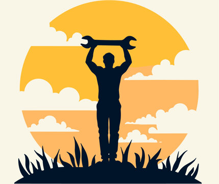 Silhouette lifting wrench against sunset, symbolizing pride and solidarity