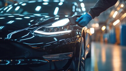 Gloved hand polishing headlight of a new black electric car in factory.
