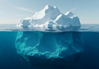 an iceberg, the top portion above the water line and the bottom portion submerged, showcasing the underwater view, Iceberg showing vast underwater mass, symbolizing hidden depths beneath the surface, 