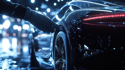 Gloved hand unlocking a sleek, dark sports car at night.