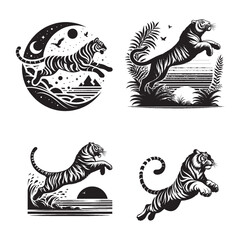 Flying Tigers Silhouette Vector Set | 4 Wild Tigers in Motion Isolated on White Background