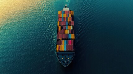 Aerial view of a large container ship sailing on the ocean at sunset.