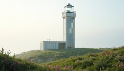 Solitary Lighthouse Illuminates the Morning Hues a Breathtaking Vista of Rugged Cliffs Rolling Hills and a Calm Ocean Horizon