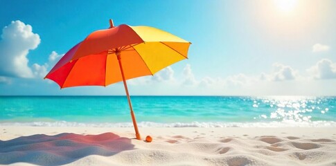 A brightly colored umbrella rests on a sunny beach, casually tilted, suggesting relaxation and carefree summer vibes Perfect for travel, vacation, summer, or leisure themes , waves, joyful, horizon