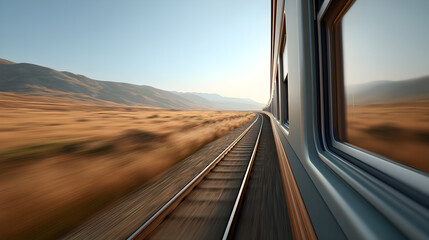 Fototapeta premium a train ride through a scenic landscape, capturing a sense of speed and motion. The train travels along a straight track through a vast, open environment, providing a dynamic perspective