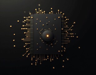 Intricate Black Microchip with Golden Circuits on Dark Background