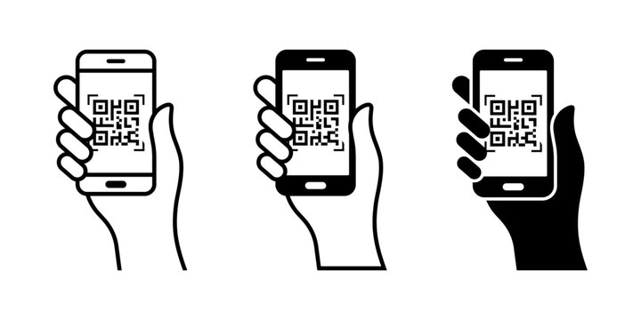 QR code scan icon. Mobile phone scanning QR code vector. Hand holding a phone with a scanner symbol. QR code icon set vector illustration.