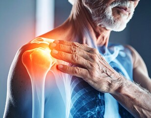 Naklejka premium Close up shot, Adhesive capsulitis, Frozen shoulder in the elderly, a hot spot inside, X-ray