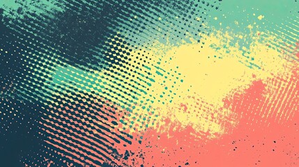 Abstract background with halftone dots and spray paint in blue yellow and coral colors blend together