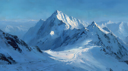 Majestic snowy mountains under a clear blue sky.