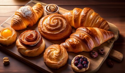 Fototapeta premium Delicious Variety of Golden Brown Pastries Croissants, Danishes, and More