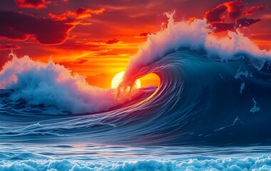 Dramatic digital illustration of a powerful ocean wave curling at sunset. Bright red and orange sky contrasts with deep blue water, capturing nature's energy and beauty in stunning detail.