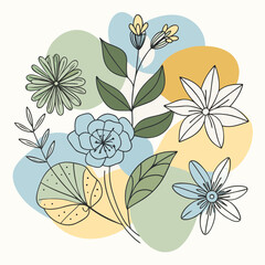 Botanical and abstract doodle vector set – Flowers, leaves, geometric shapes, and organic forms for print, clipart, wallpaper, and modern home decor wall art.