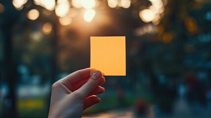Hand holding a yellow sticky note with blurred background of lights and greenery in the distance