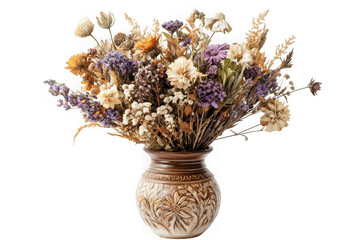 Dried flower arrangement in ceramic vase still life floral bouquet autumn colors vintage style isolated on transparent background