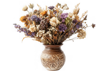 Dried flower arrangement in ceramic vase still life floral bouquet autumn colors vintage style isolated on transparent background