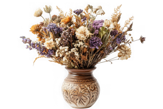 Dried flower arrangement in ceramic vase still life floral bouquet autumn colors vintage style isolated on transparent background
