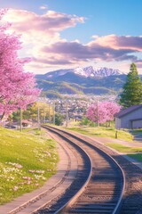 Fototapeta premium Spring train tracks, mountains