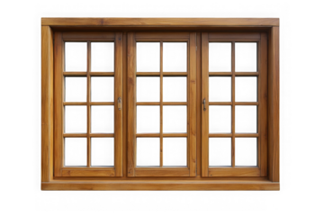 Detailed wooden window frame with three panes architecture interior design element photography, isolated on transparent background
