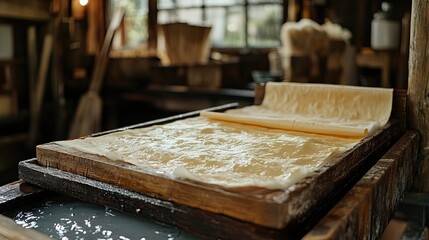 A close up of handmade paper pulp in a wooden frame inside a traditional paper making workshop