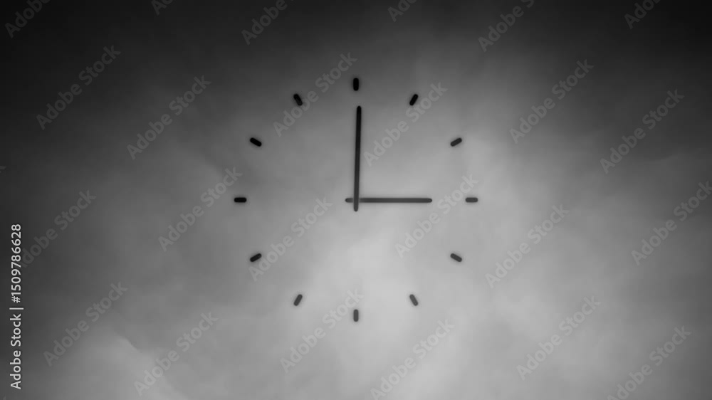 Poster analog loop time clock on black and white smoke motion background.