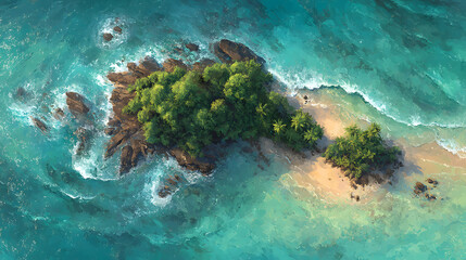 Remote tropical island surrounded by clear blue water and waves.
