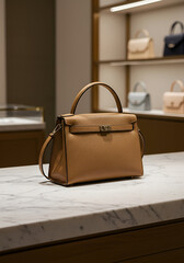 Luxurious Beige Leather Handbag on Marble Counter in Upscale Boutique