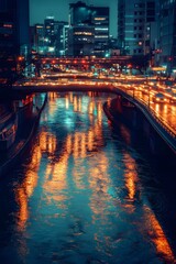 Silver River and Flowing Light Belt Under Elevated Bridge