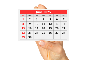 Page of the annual monthly calendar june 2025 in hand. Isolated on transparent png