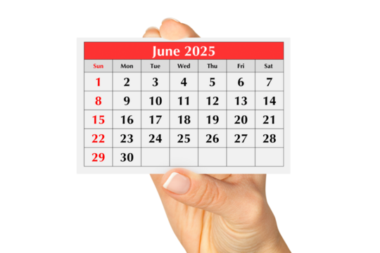 Page of the annual monthly calendar june 2025 in hand. Isolated on transparent png - Powered by Adobe