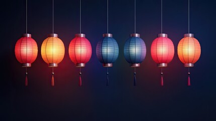 A row of colorful paper lanterns hanging against a dark background creating a festive atmosphere