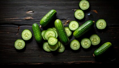 The cucumber and some cucumber slices on the table look so delicious