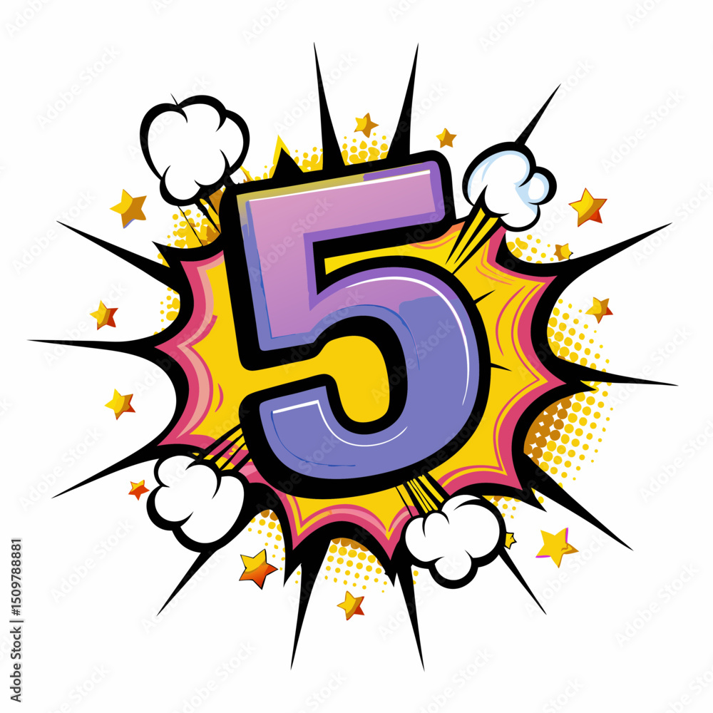 Poster bright number five in comic book style with explosion background, vector image