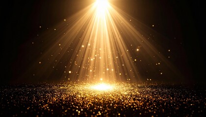 輝く光と金色の粒子が降り注ぐ、神秘的なエネルギーの表現A mysterious energy expression with shining light and golden particles falling.