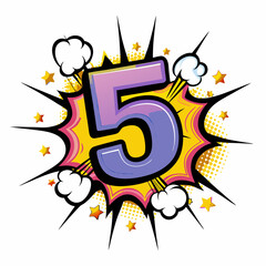 Bright number five in comic book style with explosion background, vector image  