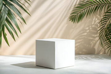 white cube on tropical shadow background modern product display mockup