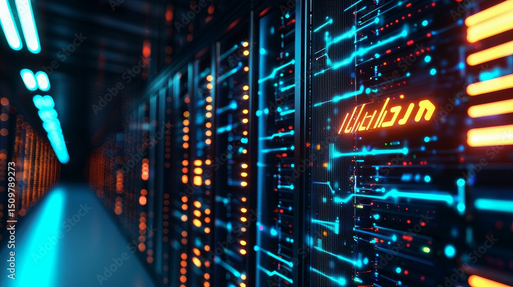 Poster futuristic data center with illuminated server racks and digital circuits.