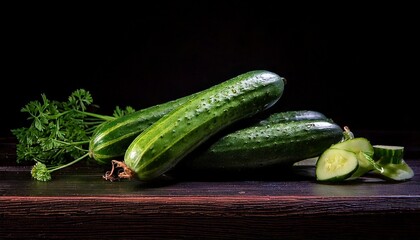 The cucumber and some cucumber slices on the table look so delicious