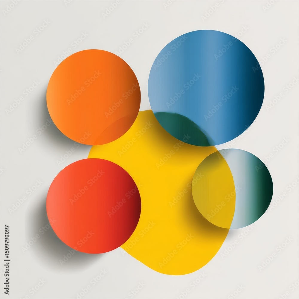 Poster abstract colorful spheres and rounded shapes composition on white background, overlapping elements, 